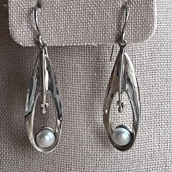 Vintage HG Isreal 925 Hagit Gorali sterling and pearl drop earrings - modernist - Picture 4 of 7